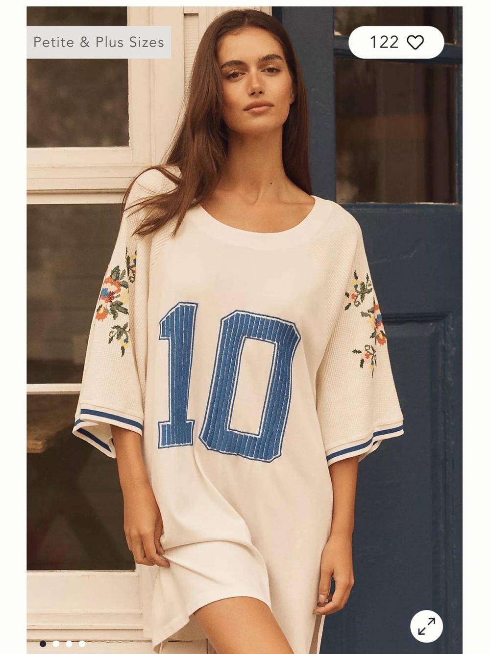 Anthropologie White Knit Tunic with Blue '10' Appliqué and Floral